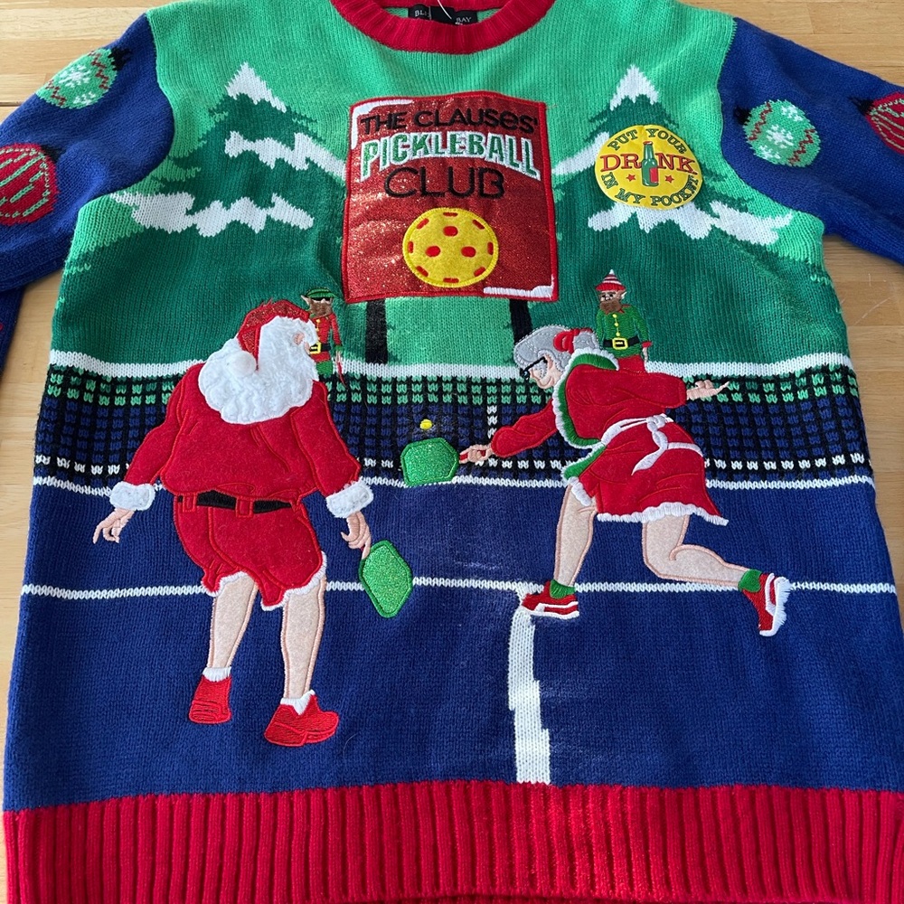Blizzard Bay Men's Ugly Christmas Sweater Santa Pickleball Drink Pocket S NWT